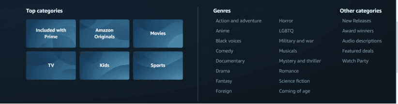 Available categories on Amazon Prime Instant Video!