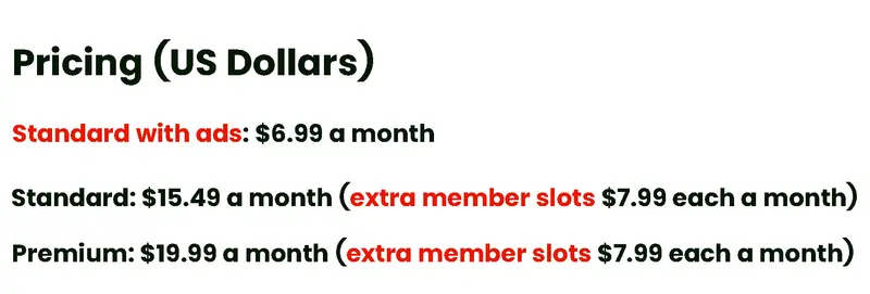 The Netflix price tiers for the streaming service. Netflix offers three plans in different video quality. The Basic plan for one device only has been substituted by the Standard tier with ads. It is more expensive than other sites like HBO Max. Late fees.